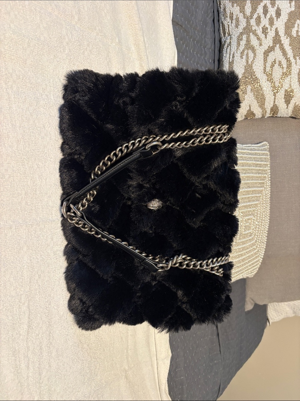 Black Faux Fur Chain Shoulder Bag